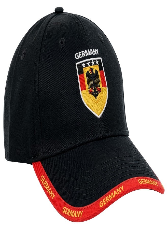Just 4 Kicks Germany Soccer Baseball Cap - World Cup Soccer Fan Gear - Embroidered Eagle Crest Adjustable German Hat, Black/Red - Image 1