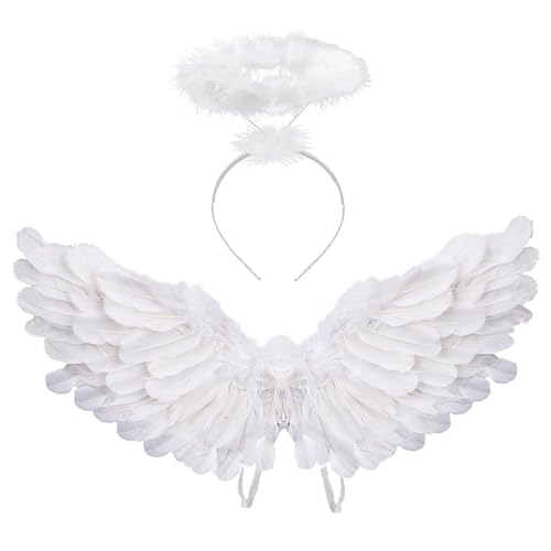 Antspirit Angel Costume Wings And Halo Angel Costume for Girls Kids Women Adult Halloween Christmas (White) - Image 1