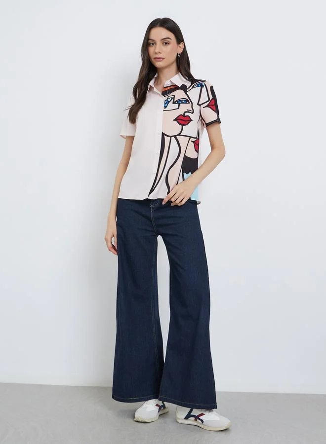 تايك تو Take Two Graphic Print Buttoned Short Sleeve Shirt