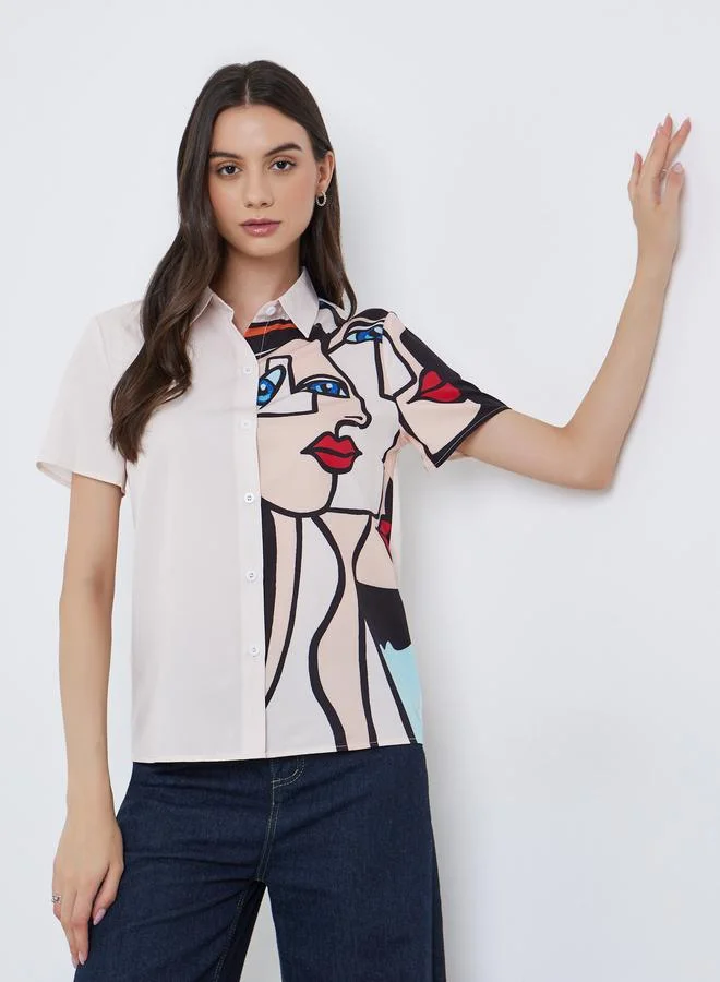 تايك تو Take Two Graphic Print Buttoned Short Sleeve Shirt