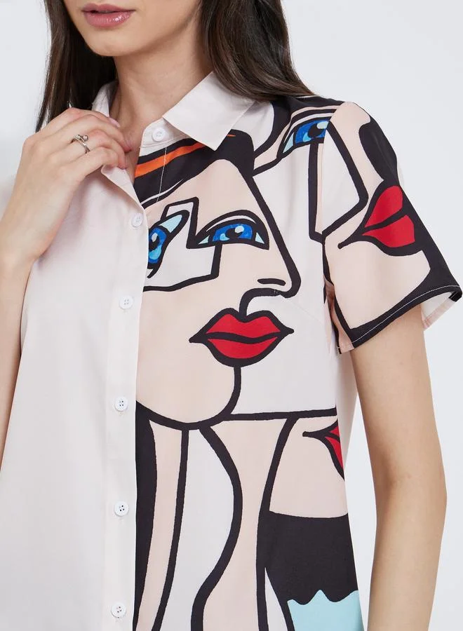 تايك تو Take Two Graphic Print Buttoned Short Sleeve Shirt