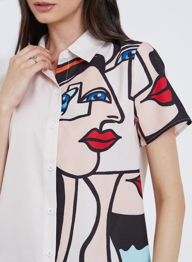 تايك تو قميص بأزرار بأكمام قصيرة وطبعة جرافيك - Image 3