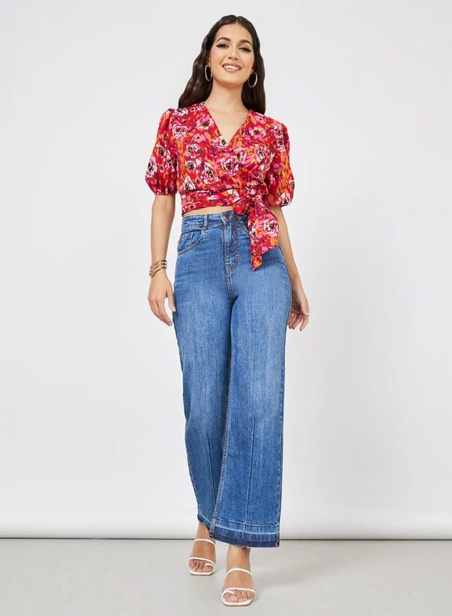 Styli Abstract Print Regular Fit Wrap Crop Top