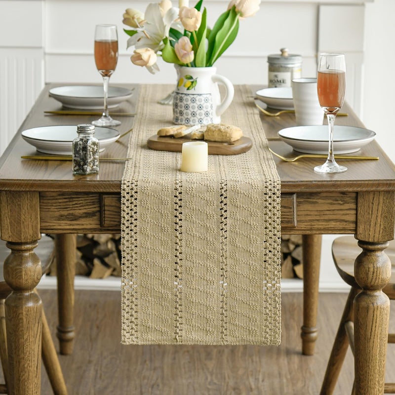 Artoid Mode Burlap Brown Farmhouse Woven Rustic Hollow Table Runner, Seasonal Holiday Hollow Kitchen Dining Table Decoration for Home Party Decor 12x72 Inch - Image 2