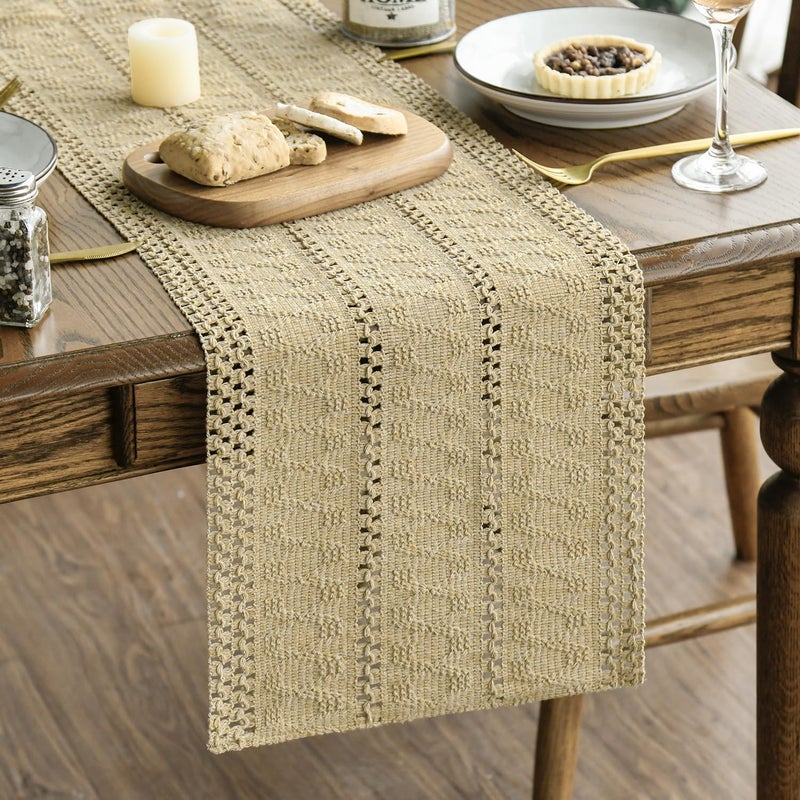 Artoid Mode Burlap Brown Farmhouse Woven Rustic Hollow Table Runner, Seasonal Holiday Hollow Kitchen Dining Table Decoration for Home Party Decor 12x72 Inch - Image 1