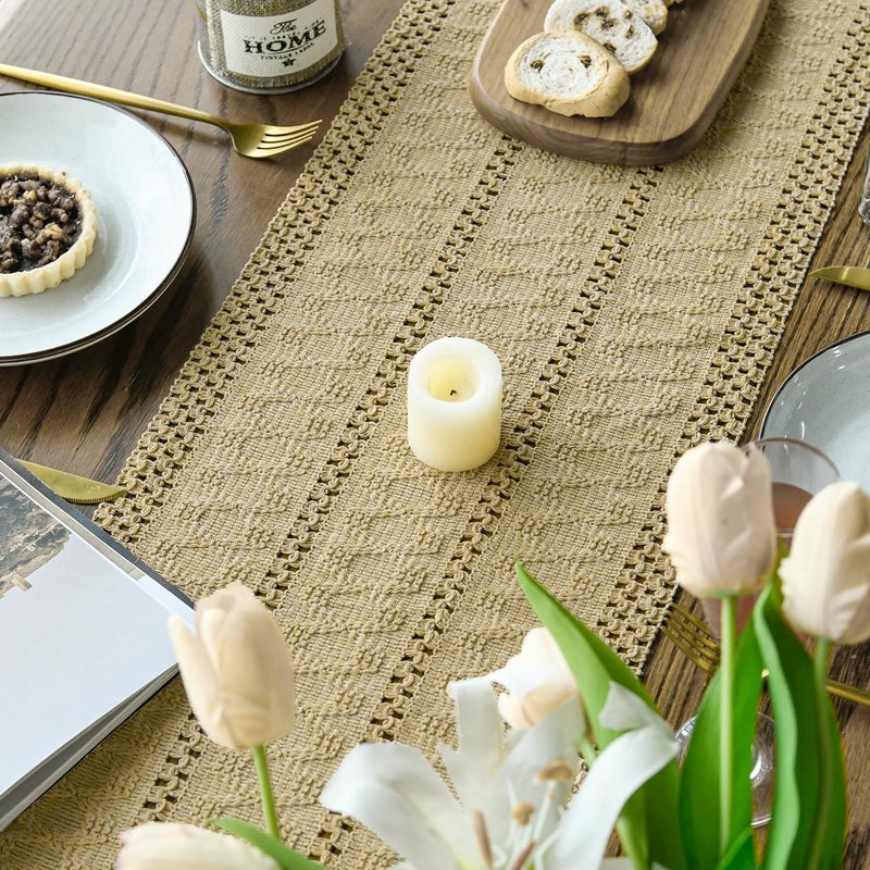 Artoid Mode Burlap Brown Farmhouse Woven Rustic Hollow Table Runner, Seasonal Holiday Hollow Kitchen Dining Table Decoration for Home Party Decor 12x72 Inch - Image 4