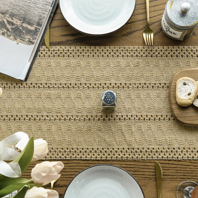 Artoid Mode Burlap Brown Farmhouse Woven Rustic Hollow Table Runner, Seasonal Holiday Hollow Kitchen Dining Table Decoration for Home Party Decor 12x72 Inch - Image 3