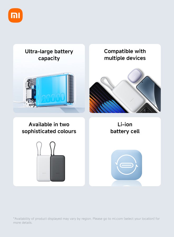Xiaomi 20000 mAh Power Bank Integrated Cable USB-C and USB Ports 20000mAh 22.5W BHR9738GL Light Grey - Image 3