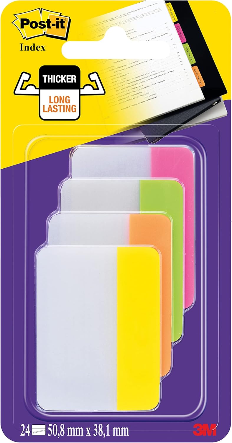 Post It 686-PLOY Index Strong Filing Tabs, Pink, Green, Orange, Yellow, 51 x 38 mm (6 of Each Colour) - Image 1
