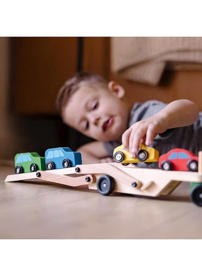 Melissa & Doug ميليسا & دوغ ناقل السيارات – مجموعة لعب مركبة خشبية مع مقطورة ذات طابقين و4 سيارات خشبية - Image 4