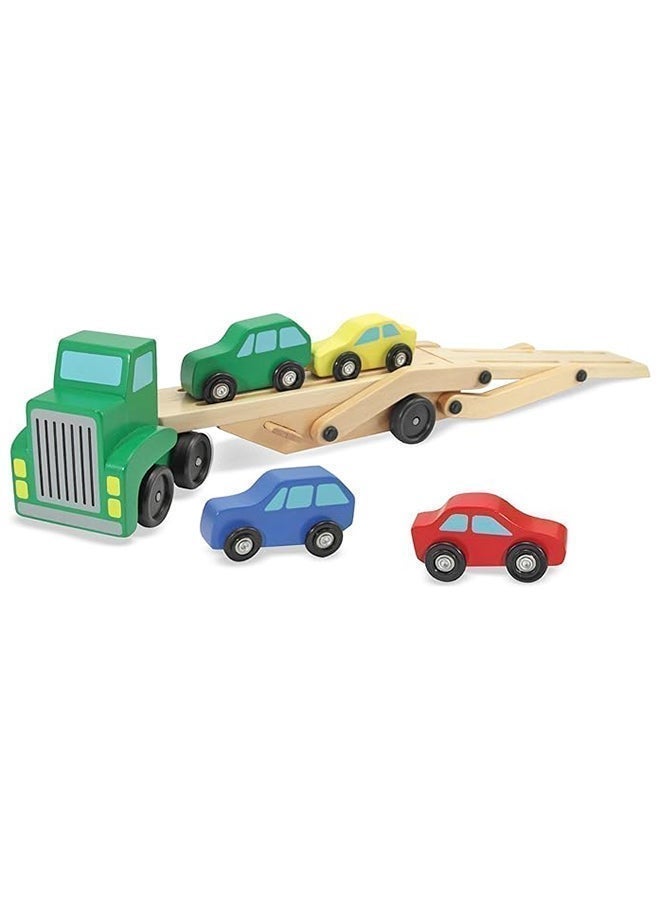 Melissa & Doug ميليسا & دوغ ناقل السيارات – مجموعة لعب مركبة خشبية مع مقطورة ذات طابقين و4 سيارات خشبية - Image 2