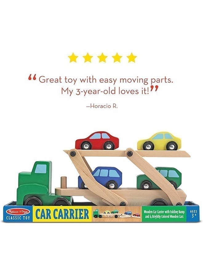 Melissa & Doug ميليسا & دوغ ناقل السيارات – مجموعة لعب مركبة خشبية مع مقطورة ذات طابقين و4 سيارات خشبية - Image 3