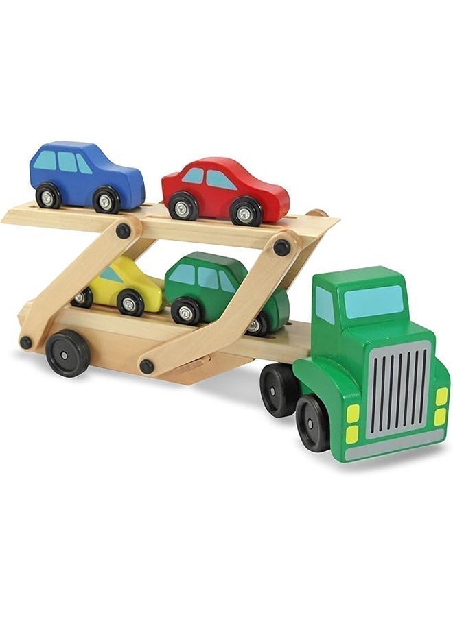 Melissa & Doug ميليسا & دوغ ناقل السيارات – مجموعة لعب مركبة خشبية مع مقطورة ذات طابقين و4 سيارات خشبية - Image 1
