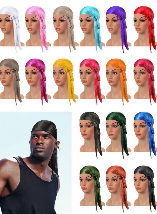 Geyoga 18 Pieces Silky Durags Long Tail Headwrap Durag Wide Strap Satin Durag Cap for Men and Women (Assorted Color) - Image 2