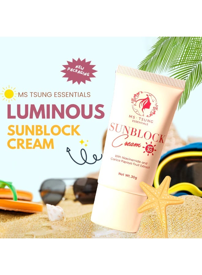 MS Tsung Essentials SPF 30 Luminous Sunblock Cream Enriched With Niacinamide And Papaya Extract, Broad Spectrum Sun Protection, Fast Absorbing Texture, Suitable For Daily Use, Helps Maintain Healthy And Radiant Looking Skin - Image 1