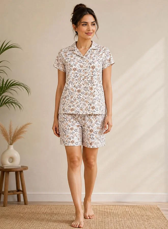 كلوفيا White Floral Print Shirt and Shorts Pyjama Set