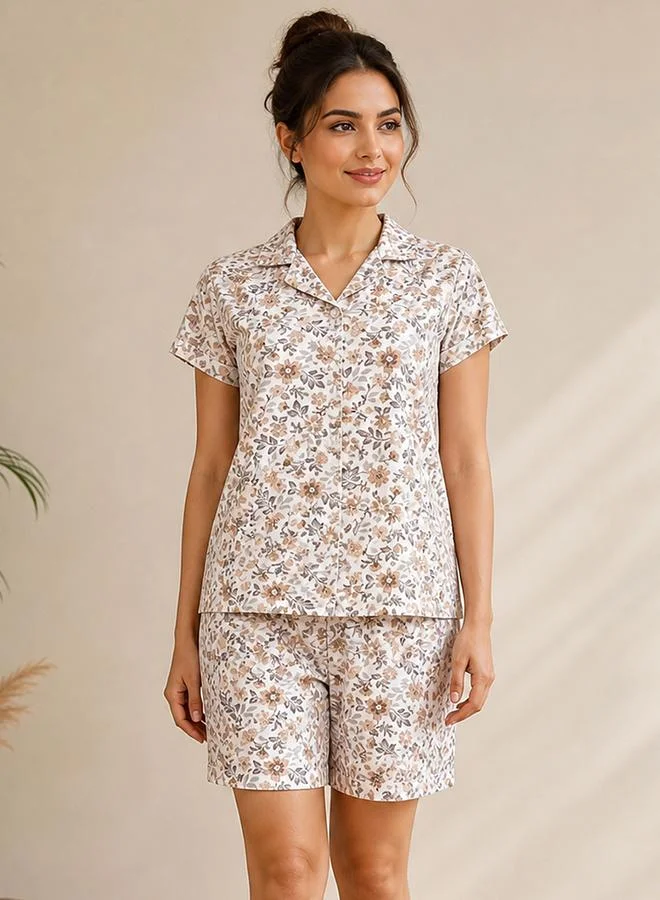 كلوفيا White Floral Print Shirt and Shorts Pyjama Set