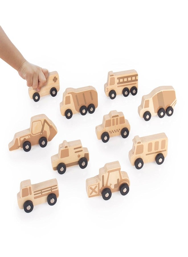 Guidecraft Mini Wooden Trucks - Set of 10: Toddlers Toy Set, Cement Mixer, Police Car, Taxi Car, School Bus, Ambulance, Fork Lift, Front Loader and Farm Truck Set - Image 2