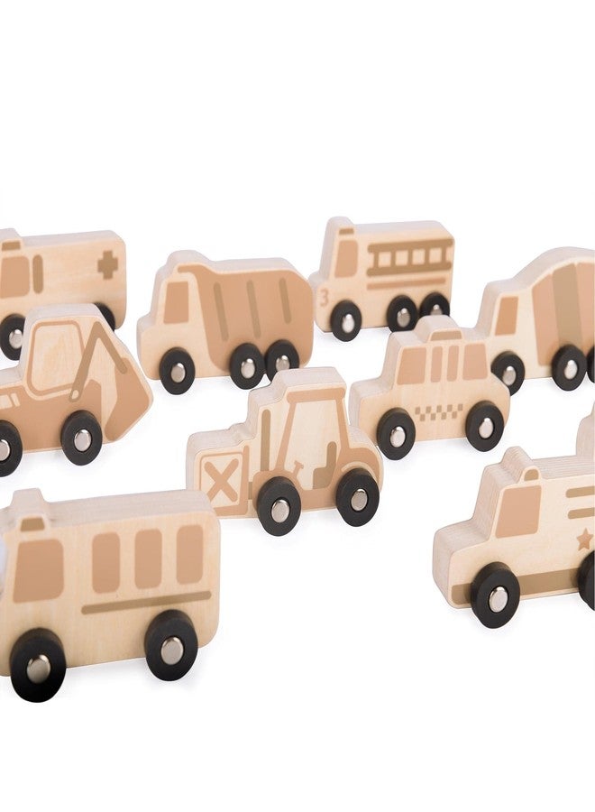 Guidecraft Mini Wooden Trucks - Set of 10: Toddlers Toy Set, Cement Mixer, Police Car, Taxi Car, School Bus, Ambulance, Fork Lift, Front Loader and Farm Truck Set - Image 3