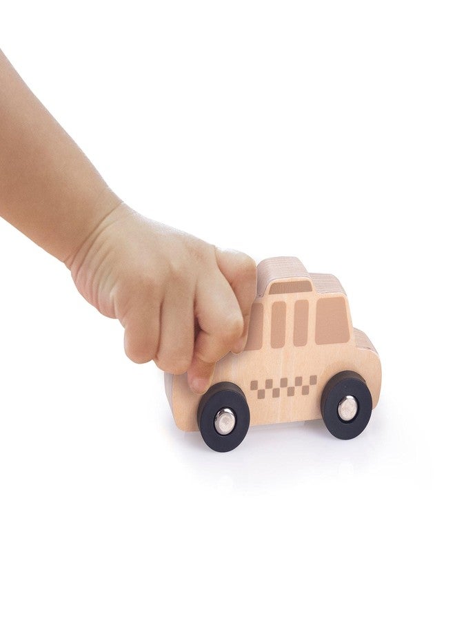 Guidecraft Mini Wooden Trucks - Set of 10: Toddlers Toy Set, Cement Mixer, Police Car, Taxi Car, School Bus, Ambulance, Fork Lift, Front Loader and Farm Truck Set - Image 4