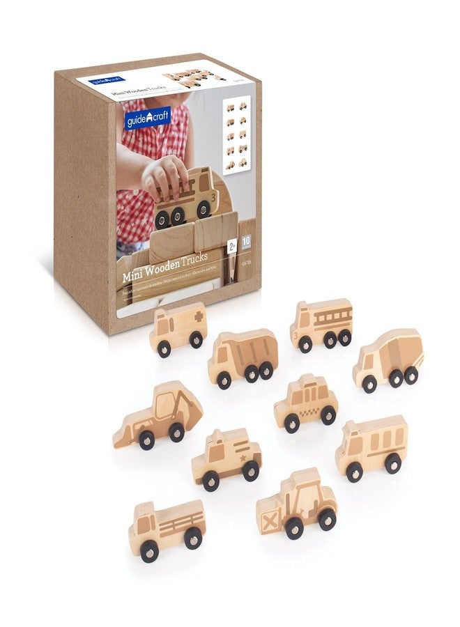 Guidecraft Mini Wooden Trucks - Set of 10: Toddlers Toy Set, Cement Mixer, Police Car, Taxi Car, School Bus, Ambulance, Fork Lift, Front Loader and Farm Truck Set - Image 1