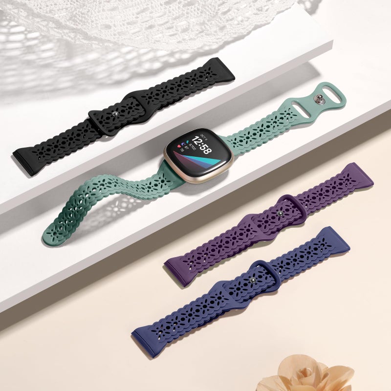 Dirrelo 4 pack Lace Silicone Band Compatible for Fitbit Sense Bands/Fitbit Versa 3 Bands/Fitbit Versa 4 Bands/Fitbit Sense 2 Bands Women,Soft Thin Hollow-out Sport Watch Strap Replacement Wristband - Image 3