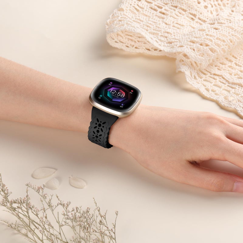 Dirrelo 4 pack Lace Silicone Band Compatible for Fitbit Sense Bands/Fitbit Versa 3 Bands/Fitbit Versa 4 Bands/Fitbit Sense 2 Bands Women,Soft Thin Hollow-out Sport Watch Strap Replacement Wristband - Image 5