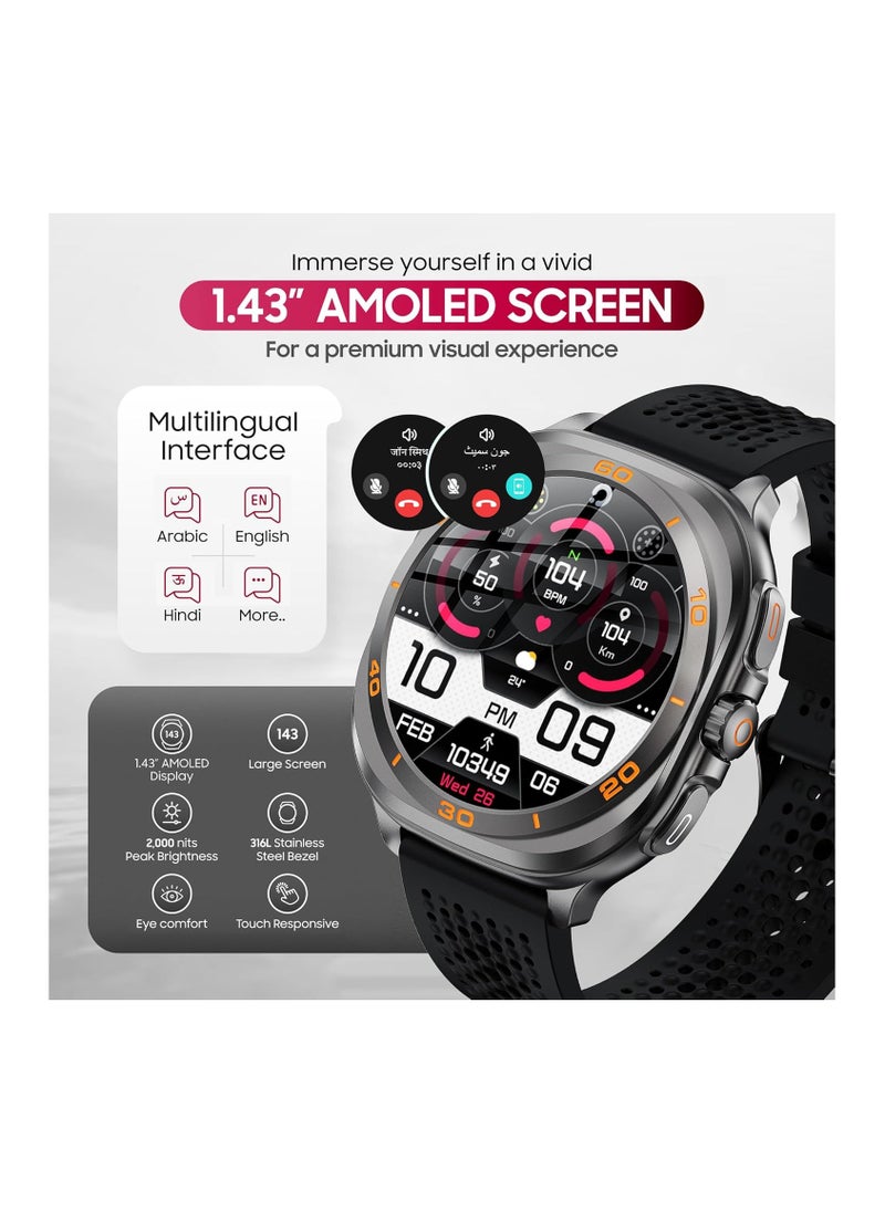 SWISS MILITARY - Swiss Military DOM7 Smartwatch 1.43" AMOLED, Bluetooth Calling, Multi Language, Health & Sports Tracking, Wireless Charging, 7 Days Battery, IP67, iOS/Android Compatible, Gun Metal Frame & Black Strap - Image 1