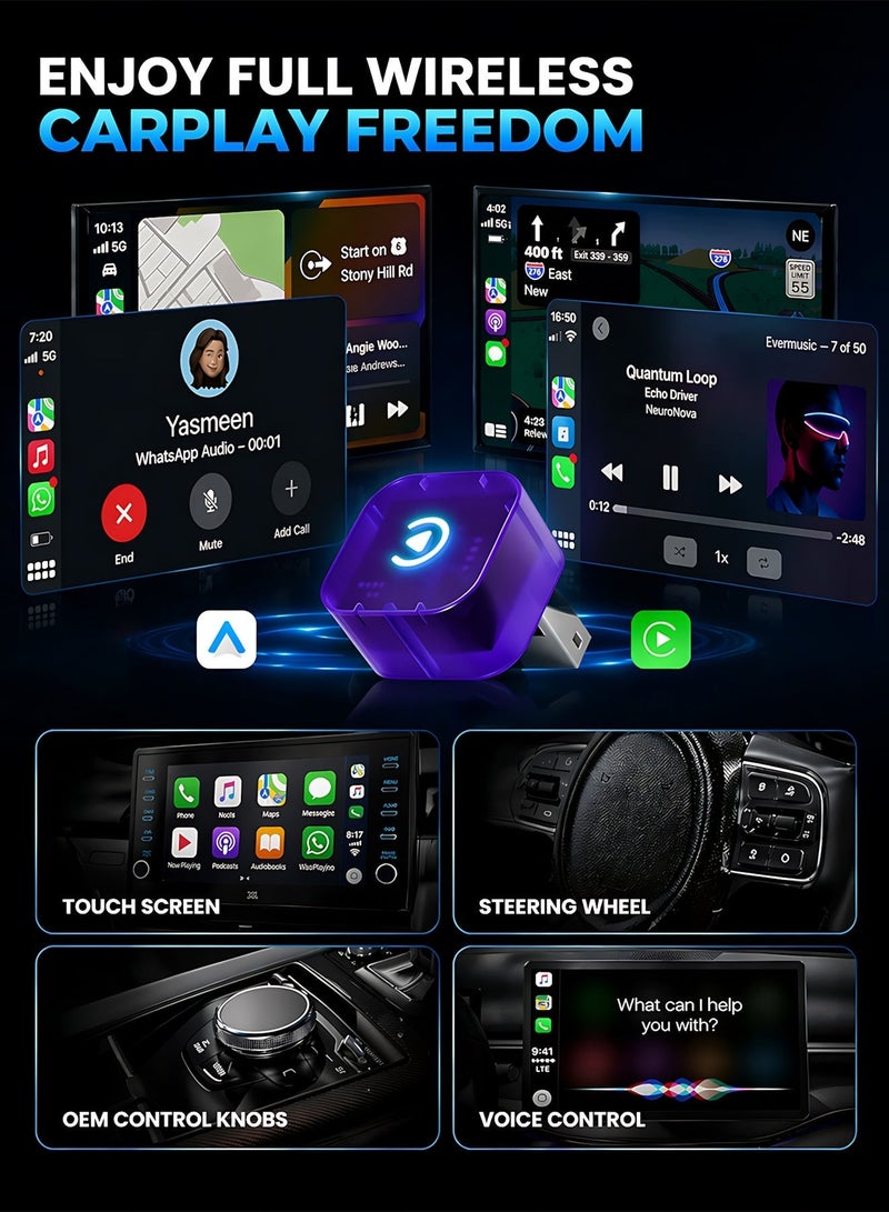 مساحة باردة محول CarPlay وAndroid Auto اللاسلكي الصغير 2 في 1، دونجل CarPlay بدون تأخير يحول السلكي إلى لاسلكي، اتصال تلقائي سريع، بدون تأخير، تصميم مضغوط لأجهزة iPhone وAndroid مع منفذ USB/USB-C (أرجواني) - Image 2