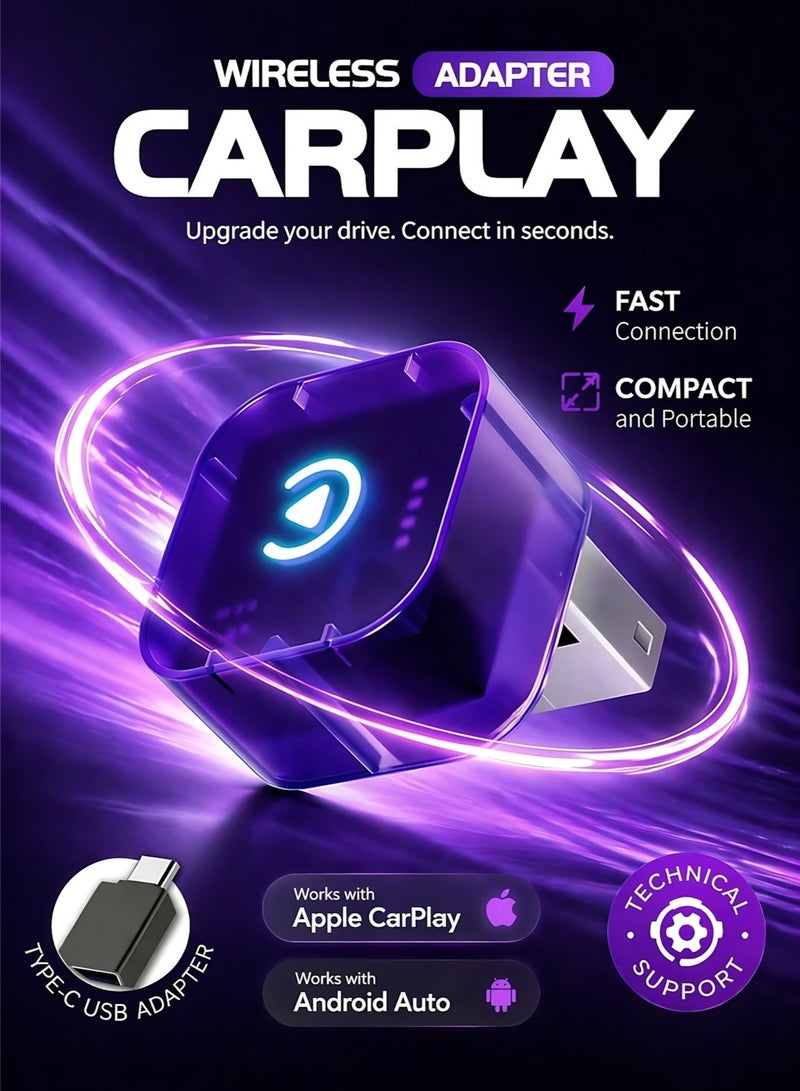 مساحة باردة محول CarPlay وAndroid Auto اللاسلكي الصغير 2 في 1، دونجل CarPlay بدون تأخير يحول السلكي إلى لاسلكي، اتصال تلقائي سريع، بدون تأخير، تصميم مضغوط لأجهزة iPhone وAndroid مع منفذ USB/USB-C (أرجواني) - Image 1