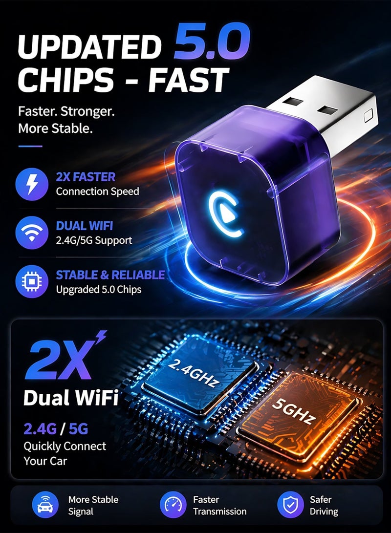 مساحة باردة محول CarPlay وAndroid Auto اللاسلكي الصغير 2 في 1، دونجل CarPlay بدون تأخير يحول السلكي إلى لاسلكي، اتصال تلقائي سريع، بدون تأخير، تصميم مضغوط لأجهزة iPhone وAndroid مع منفذ USB/USB-C (أرجواني) - Image 3