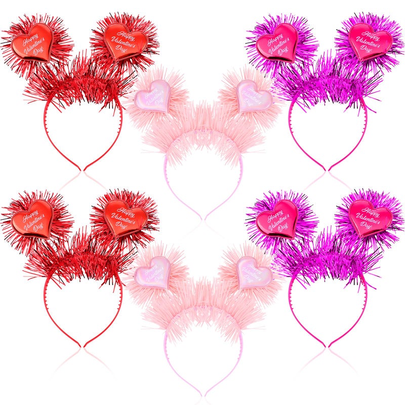 Knitgrip 6 Pcs Valentine's Heart Headbands with Heart Boppers and Tinsel Headdresses Red Pink Happy Valentine Headdresses for Women Costume Party Gift Love - Image 1