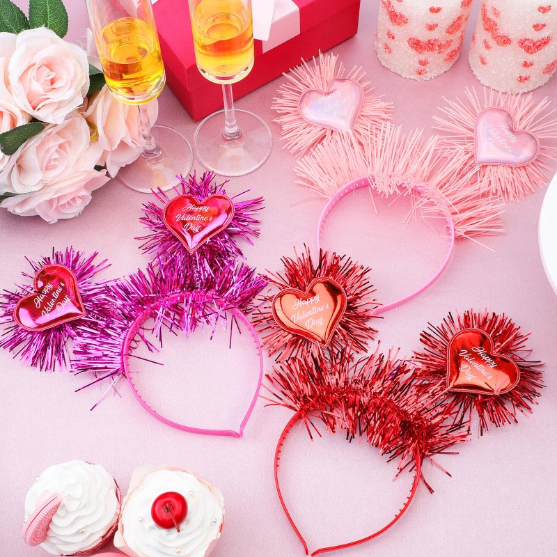 Knitgrip 6 Pcs Valentine's Heart Headbands with Heart Boppers and Tinsel Headdresses Red Pink Happy Valentine Headdresses for Women Costume Party Gift Love - Image 3