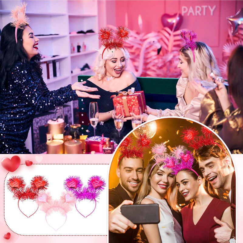 Knitgrip 6 Pcs Valentine's Heart Headbands with Heart Boppers and Tinsel Headdresses Red Pink Happy Valentine Headdresses for Women Costume Party Gift Love - Image 4