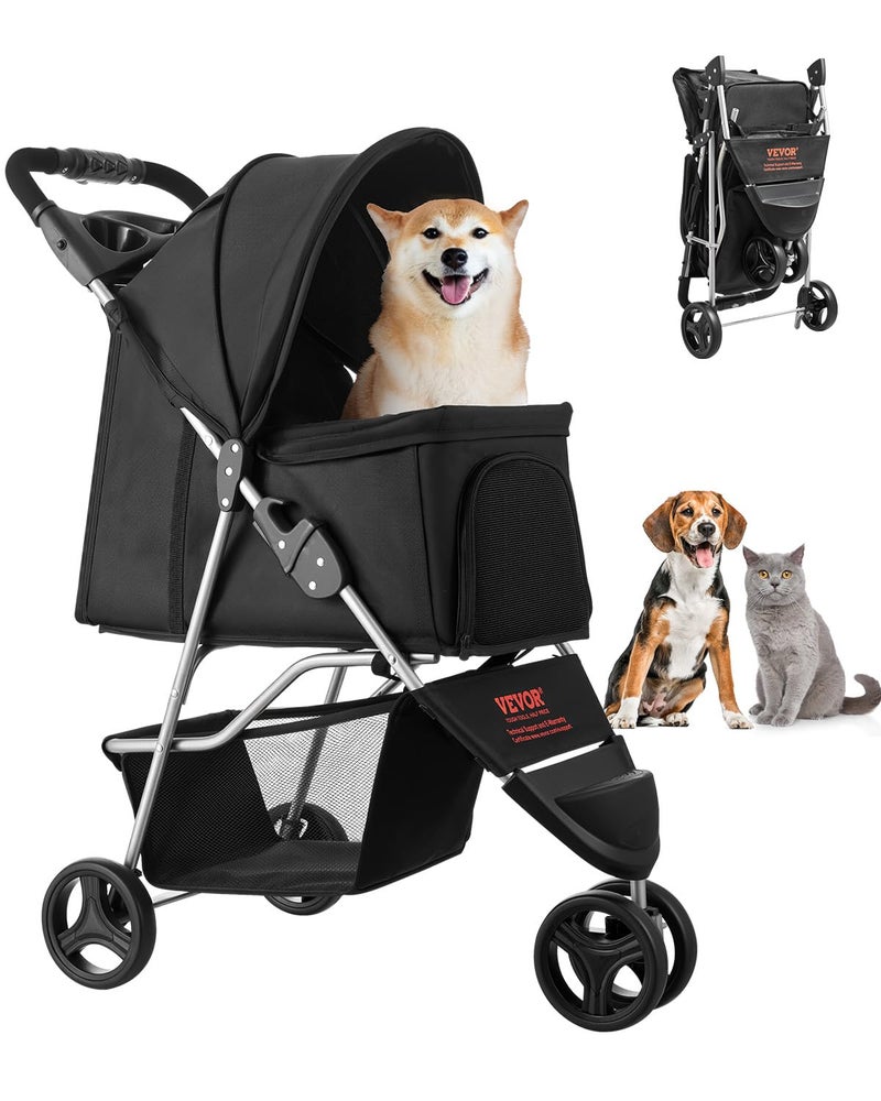 VEVOR Pet Stroller 35 lbs Weight Capacity Foldable Dog Cart 3 Wheels Cats Carts with Mesh Windows and Cup Holders Portable Pet Carrier Stroller with Brake for Small to Medium Pets