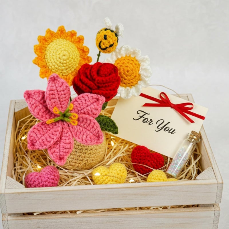 Dekorly Handmade Crochet Mixed Flower Plant with Pot Artificial Floral Decor for Home Office Desk Table Shelf Gifting- 7 Inches (Crochet Multi) - Image 5