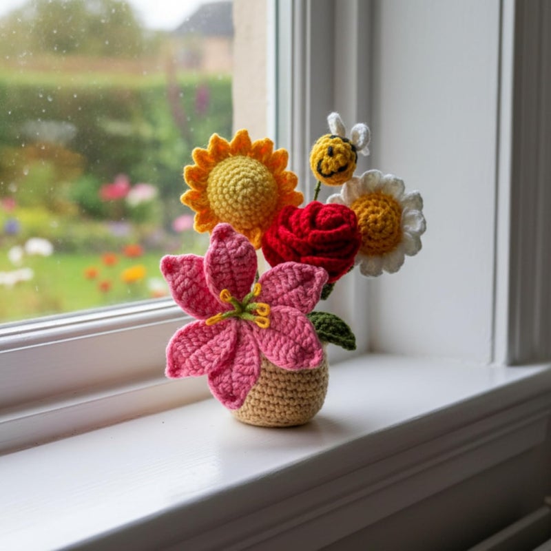 Dekorly Handmade Crochet Mixed Flower Plant with Pot Artificial Floral Decor for Home Office Desk Table Shelf Gifting- 7 Inches (Crochet Multi) - Image 2