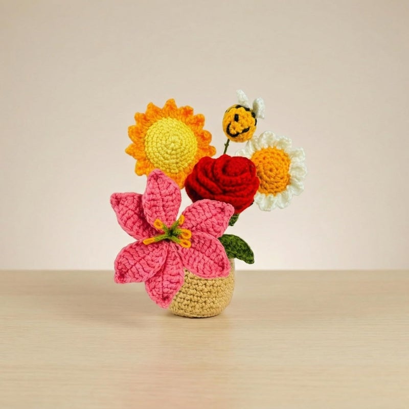 Dekorly Handmade Crochet Mixed Flower Plant with Pot Artificial Floral Decor for Home Office Desk Table Shelf Gifting- 7 Inches (Crochet Multi) - Image 1
