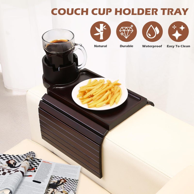 GHKINMAL Couch Cup Holder Tray, 3 in 1 Large Couch Arm Trays,Bamboo Chair Clip on Tray with 360Â° Ratated Phone Cup Holder for Couch,Snacks,Remote,Phone-Black Walnut - Image 4