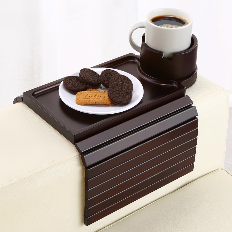 GHKINMAL Couch Cup Holder Tray, 3 in 1 Large Couch Arm Trays,Bamboo Chair Clip on Tray with 360Â° Ratated Phone Cup Holder for Couch,Snacks,Remote,Phone-Black Walnut - Image 1