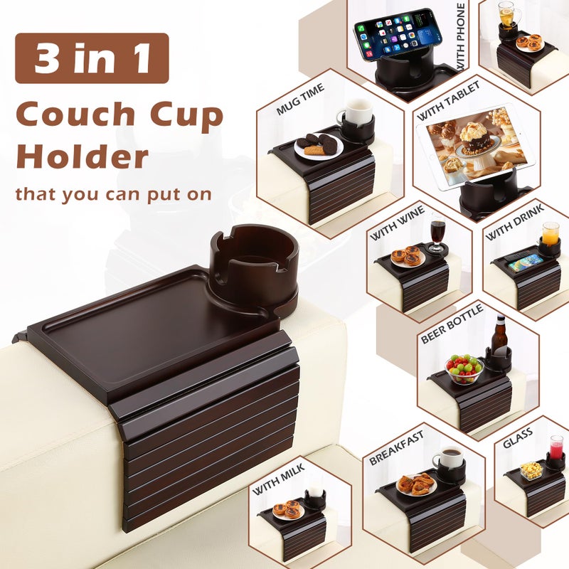 GHKINMAL Couch Cup Holder Tray, 3 in 1 Large Couch Arm Trays,Bamboo Chair Clip on Tray with 360Â° Ratated Phone Cup Holder for Couch,Snacks,Remote,Phone-Black Walnut - Image 3