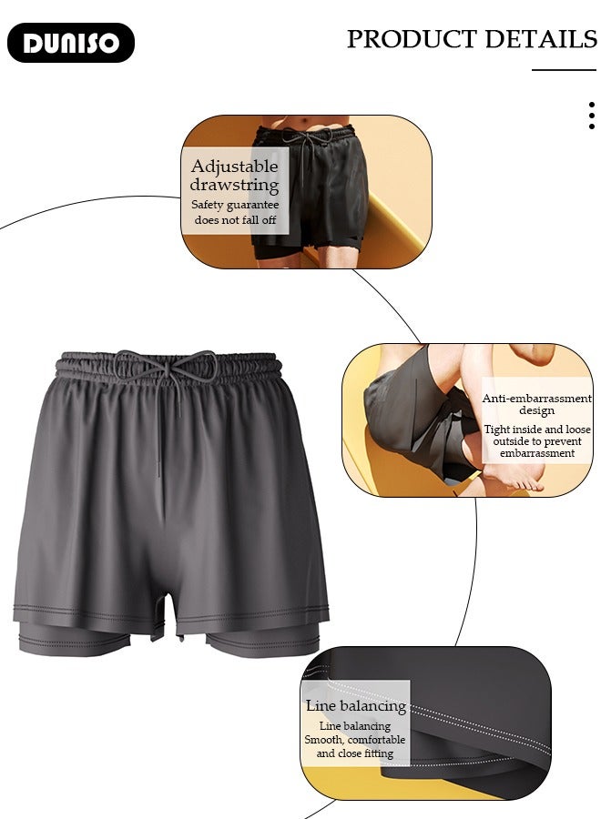 DUNISO شورت سباحة رجالي سريع الجفاف 2 في 1 من البوليستر، شورتات سباحة مرنة مع حبل قابل للتعديل بطانة مريحة، شورتات شاطئية فضفاضة قابلة للتنفس ومريحة وبسيطة وعصرية، مناسبة لوزن 70-75 رجال، محمولة للشاطئ وحمام السباحة وصالة الألعاب الرياضية والرياضات المائية. - Image 3