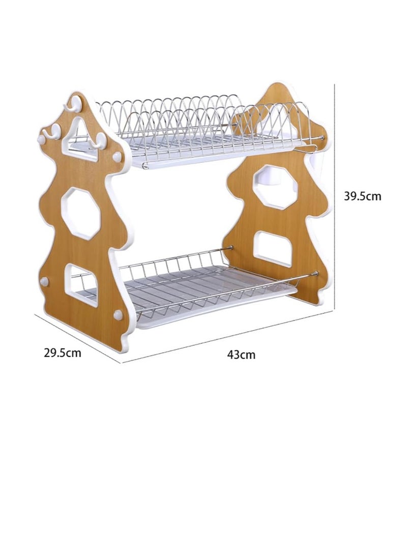2-Tier Dish Drying Rack Metal Dish Drying Stand with Drainboard Large Dish Strainer with Utensil Holder Hooks for Kitchen Countertop Space Saving Bowls Plates Storage Shelf Organizer Over The Sink  - Image 2