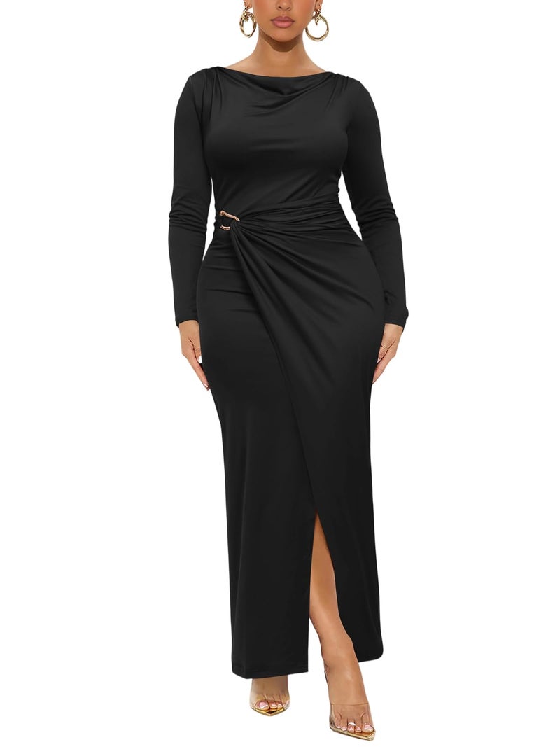 Ekaliy Women's Elegant Cowl Neck Bodycon Maxi Dress Long Sleeve Party Cocktail Wedding Guest Dress Black Formal Dresses XL - Image 1