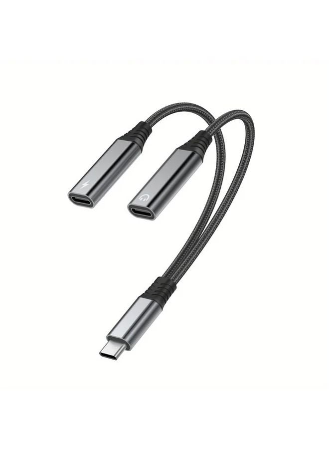 Black USB C to Dual 35mm Headset Adapter for Live Streaming and Fast Charging - Image 1