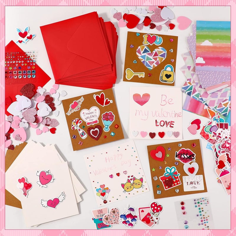 klarako 32 Pack Valentines Crafts Valentines's Day Kits for Kids Valentines DIY Card with Envelopes Heart Foam Stickers Watercolor Double Sided Colored Paper Crystal Drill Sticker for Boys Classroom Gifts - Image 3