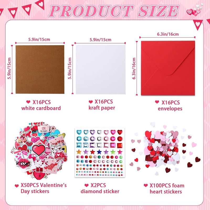 klarako 32 Pack Valentines Crafts Valentines's Day Kits for Kids Valentines DIY Card with Envelopes Heart Foam Stickers Watercolor Double Sided Colored Paper Crystal Drill Sticker for Boys Classroom Gifts - Image 2