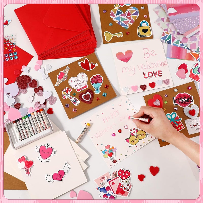 klarako 32 Pack Valentines Crafts Valentines's Day Kits for Kids Valentines DIY Card with Envelopes Heart Foam Stickers Watercolor Double Sided Colored Paper Crystal Drill Sticker for Boys Classroom Gifts - Image 4