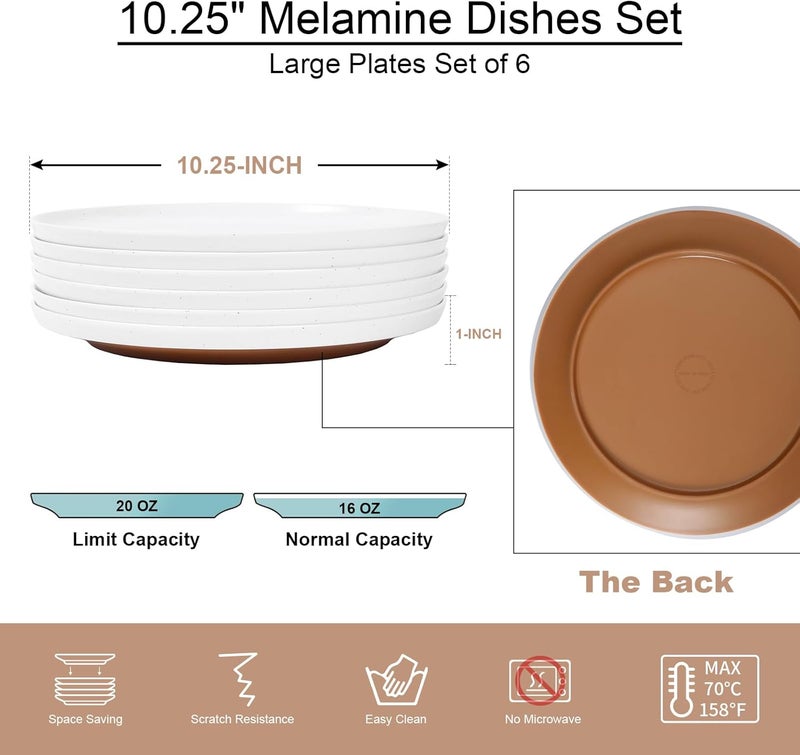Webbylee 1025 Melamine Dinner Plates Set of 6  Durable Serving Dishes Perfect for Kitchen Outdoor Use Dishwasher SafeScratch ResistantWhite  Brown - Image 2