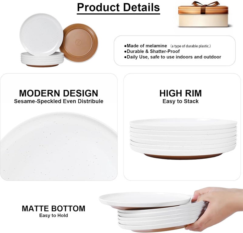 Webbylee 1025 Melamine Dinner Plates Set of 6  Durable Serving Dishes Perfect for Kitchen Outdoor Use Dishwasher SafeScratch ResistantWhite  Brown - Image 3